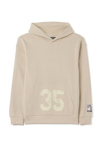 Sudadera beige hecha de una tela suave, con un bolsillo frontal, un "35" desvanecido en crema en la parte delantera y una etiqueta deportiva en la manga.