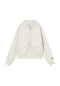 Felpa con cappuccio crema con zip, due tasche frontali a soffietto, loghi Champion sul petto e sul polsino sinistro, e cappuccio.