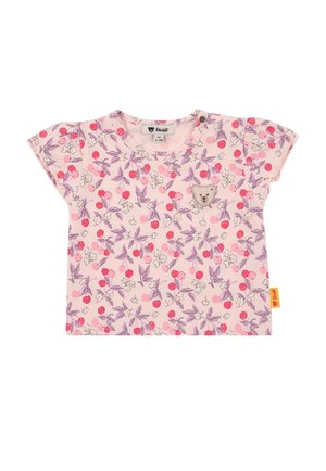 Cotton short-sleeve shirt in light pink with a floral pattern featuring cherries and small flowers. Includes a bear face patch on the front.