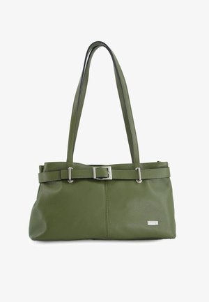 Grøn læder skuldertaske med dobbelte stropper, dekorativ spænde foran og lille rektangulær metalmærke.