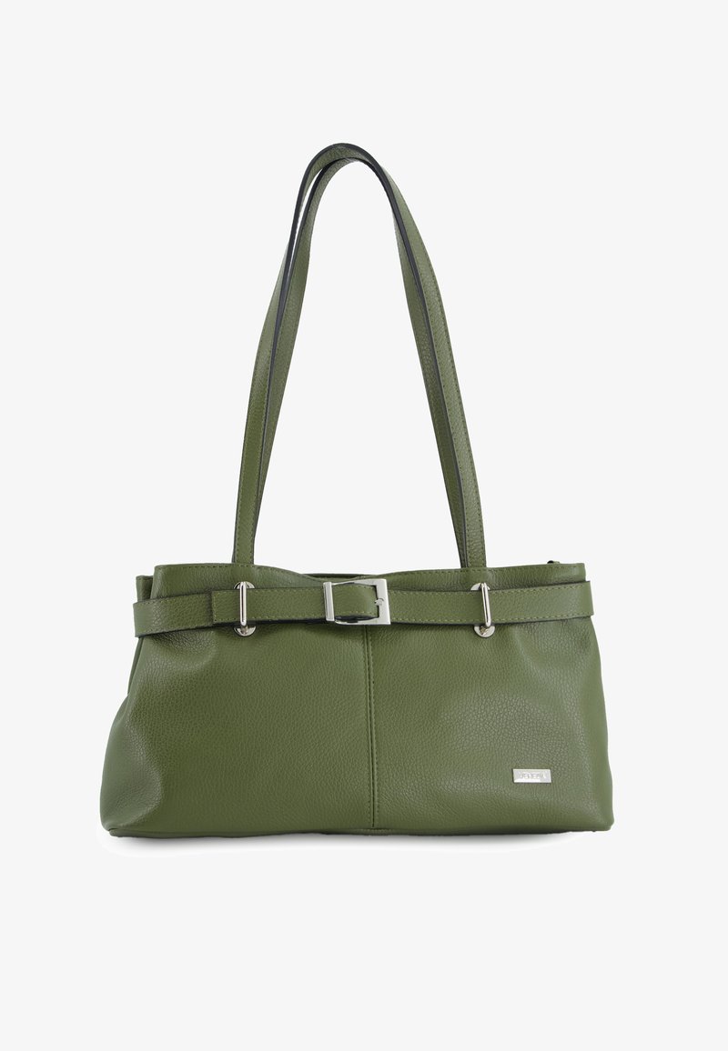 Zelená kožená kabelka přes rameno s dvojitými popruhy, přední dekorativní přezkou a malou obdélníkovou kovovou značkovou destičkou.
