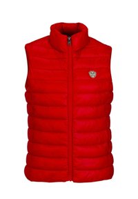 Rote Steppweste mit hohem Kragen, horizontalem Steppmuster, Frontreißverschluss und einem kleinen Logo-Patch auf der linken Seite.