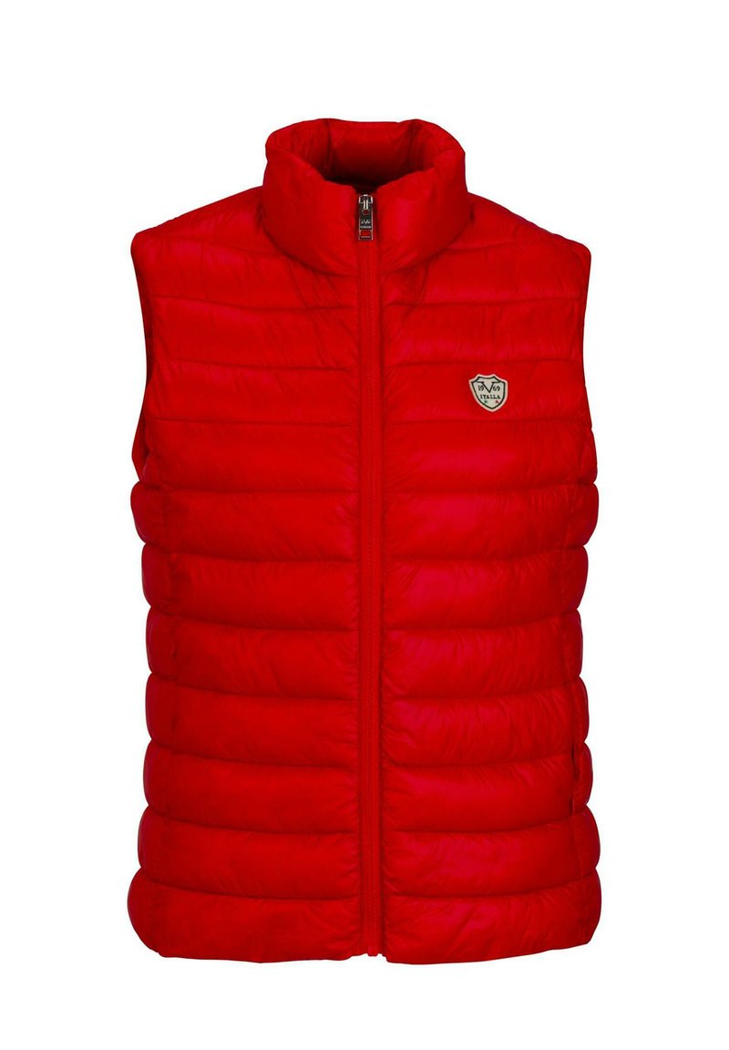 Rote Steppweste mit hohem Kragen, horizontalem Steppmuster, Frontreißverschluss und einem kleinen Logo-Patch auf der linken Seite.