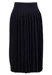 Gonna plisettata blu navy con vita alta. Realizzata in tessuto testurizzato, presenta pieghe verticali per facilitare il movimento. Design di lunghezza media.
