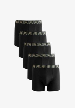 Boxeri negri cu curea elastică decorativă cu model auriu, având un design ajustat și o textură de material neted.