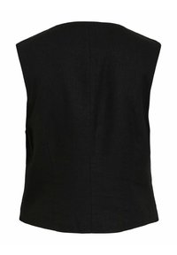 Gilet noir sans manches avec un dos droit et sans boutons ni ornements visibles, montré de dos sur fond blanc.