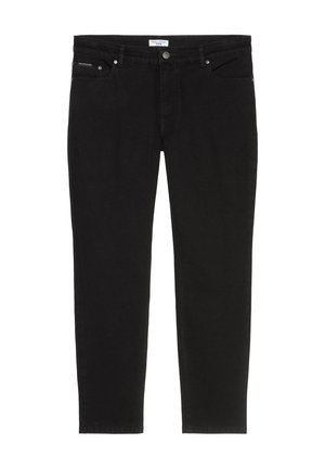 Black denim jeans featuring a straight cut, five pockets, a button closure, and subtle stitching details. Smooth texture and classic design.