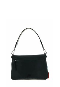 Borsa a mano in pelle nera con texture liscia, tasca frontale con zip e tracolla regolabile. Presenta accessori in argento e accenti colorati.