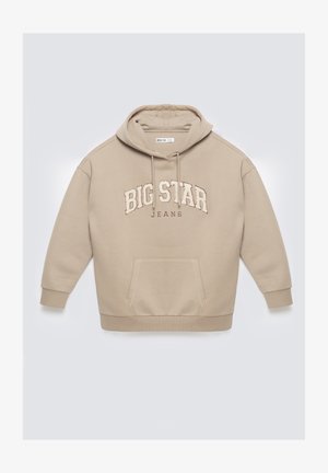 Beige kapuutsiga särk, mis on valmistatud pehmest kangast, ja sellel on tasku ees. Rindkere osa kaunistab kõrgendatud tikandiga "BIG STAR JEANS".