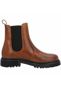 Bruine leren Chelsea-boot met zwarte elastische zijkanten, een pull-tab en een gestructureerde rubberen zool. Heeft een gladde afwerking en een ronde neus.