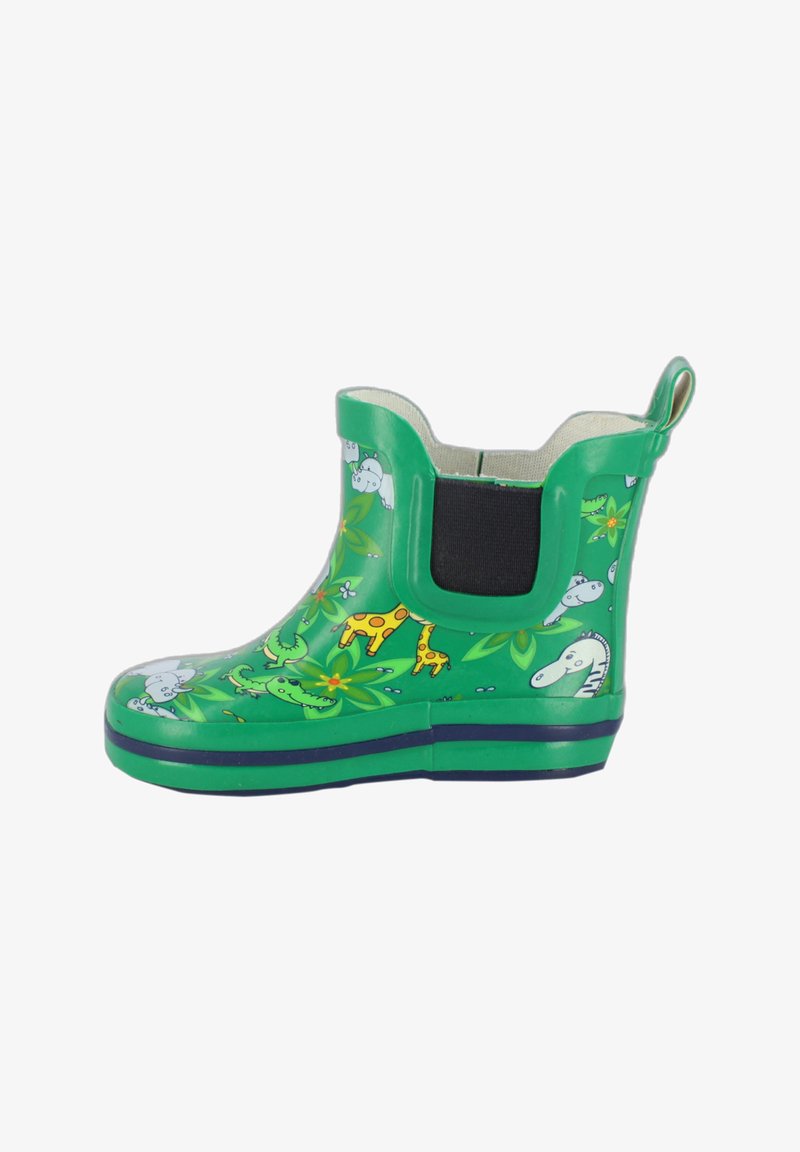 Groene rubberen regenlaars met verschillende dierenillustraties, een zwart elastisch zijpaneel en een geprofileerde buitenzool voor grip.