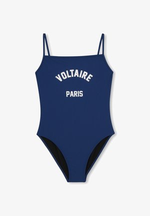 Marineblauw eenstukszwempak met dunne bandjes. Voorzien van de tekst "VOLTAIRE PARIS" in witte letters op de voorkant. Glad, rekbaar materiaal.