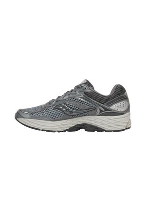 Scarpa da corsa in mesh traspirante grigio e nero con suola bianca ammortizzata e design con lacci, logo laterale visibile, vista dal lato sinistro.