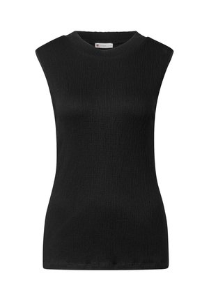 Black sleeveless top, ribbed texture, high neckline, fitted design, soft fabric. No visible logos or embellishments.