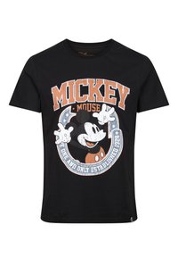 Camiseta negra de algodón con un diseño gráfico desgastado de Mickey Mouse, con el texto "MICKEY MOUSE" y acentos circulares en blanco y naranja.