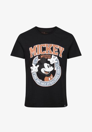 Czarna bawełniana koszulka z przytartym wzorem graficznym przedstawiającym Mikiego Mausa, z napisem "MICKEY MOUSE" oraz okrągłymi akcentami w białym i pomarańczowym kolorze.