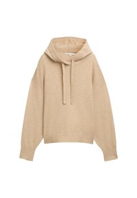 Felpa beige con cappuccio, dal taglio morbido, con polsini e orlo a costine. Presenta un cappuccio regolabile con cordini e un tessuto morbido e strutturato.