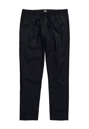 Pantaloni neri leggeri con vita elastica, chiusura con cordino e tasche laterali. Tessuto liscio, design a gamba dritta.