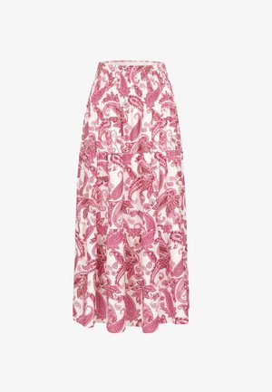 Gonna maxi con vita arricciata, caratterizzata da una base bianca e un motivo paisley rosa. Realizzata in tessuto leggero con un design fluido.
