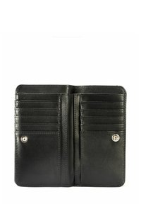 Czarny skórzany portfel z wieloma kieszeniami na karty, o gładkiej fakturze i z zapięciem na zatrzask z jednej strony. Kompaktowy i funkcjonalny design.