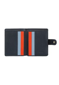 Black leather wallet featuring two sections with vibrant orange, blue, and light blue card slots; smooth texture; snap closure.