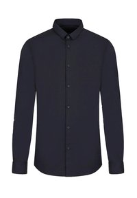 Mørkeblå langermet skjorte med klassisk krage, frontknapper og en ensfarget design. Laget av glatt stoff med strukturerte mansjetter.