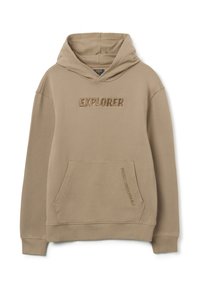 Sudadera beige con capucha ajustable, bolsillo canguro delantero y el texto "EXPLORADOR" bordado en el pecho. Tela suave y lisa.
