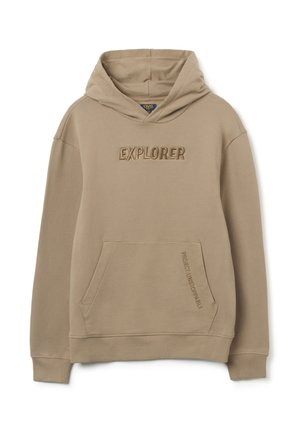 Beige hoodie met trekkoordcapuchon, een voorste kangoerozak en de tekst "EXPLORER" geborduurd op de borst. Zachte, gladde stof.