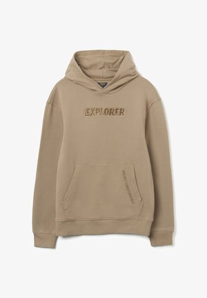 Beige hoodie met trekkoordcapuchon, een voorste kangoerozak en de tekst "EXPLORER" geborduurd op de borst. Zachte, gladde stof.