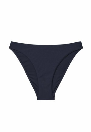 Granatowe bikini z prostym wzorem i średnim stanem, prezentowane na białym tle.