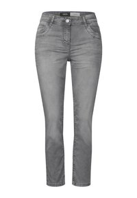 Pantalones vaqueros de mezclilla gris con un diseño ajustado, de tiro medio, bolsillos frontales y un ligero desvanecimiento. Cierre estándar con botón y cremallera.