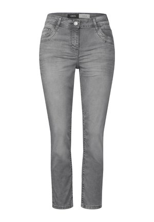 Jeans en denim gris avec un design ajusté, taille moyenne, poches avant et décoloration subtile. Fermeture standard à bouton et fermeture éclair.