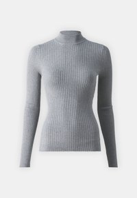 Grauer gerippter Rollkragenpullover mit langen Ärmeln, figurbetontem Design und glatter Textur, ausgestattet mit hohem Kragen und subtiler Elastizität.