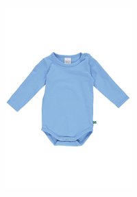 Body a maniche lunghe di cotone morbido di colore azzurro chiaro, con scollatura rotonda, chiusura a scatto sulla spalla e tre bottoni a scatto sul fondo.