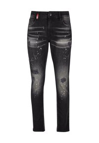 Czarne dżinsy z denimu o wyblakłym wzorze, zniszczonymi łatami i akcentami w formie plam farby. Posiadają standardowe kieszenie i zapięcie na guzik.