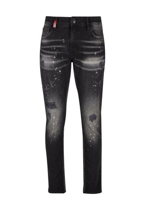 Jean de mezclilla negro con un diseño deslavado, parches desgastados y salpicaduras de pintura. Presenta bolsillos estándar y cierre de botón.