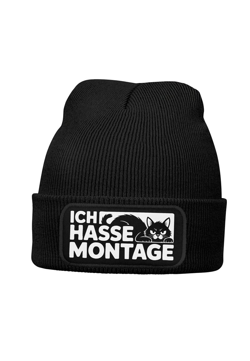 Black knitted beanie with a ribbed texture. Features a white patch with the text "ICH HASSE MONTAGE" and a black cat illustration.