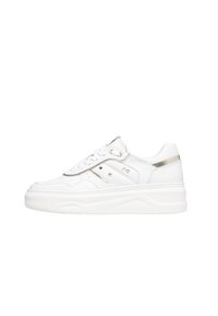 White sneaker with a thick sole, featuring a smooth leather texture, gold accents, and a lace-up design with metal eyelets.
