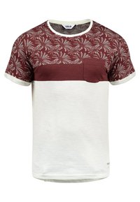 Short-sleeve t-shirt featuring a maroon top section with palm leaf pattern, a plain white body, and a small pocket on the left.