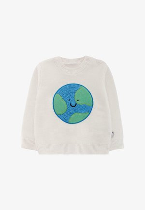 Witte gebreide trui met een blauw en groene aardapplicatie met een glimlachend gezicht, twee knoopsluitingen op de schouder.