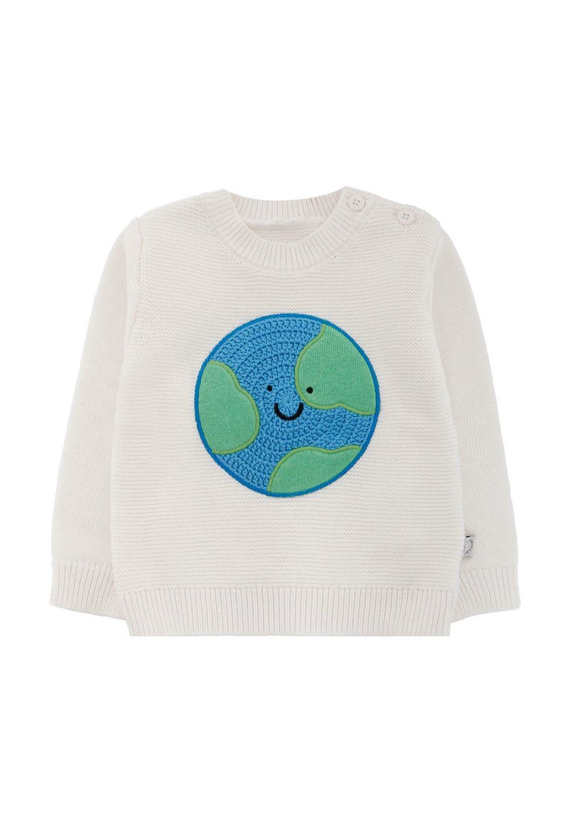 Pull en tricot blanc avec une appliqué en forme de Terre bleue et verte avec un visage souriant, deux boutons de fermeture sur l'épaule.