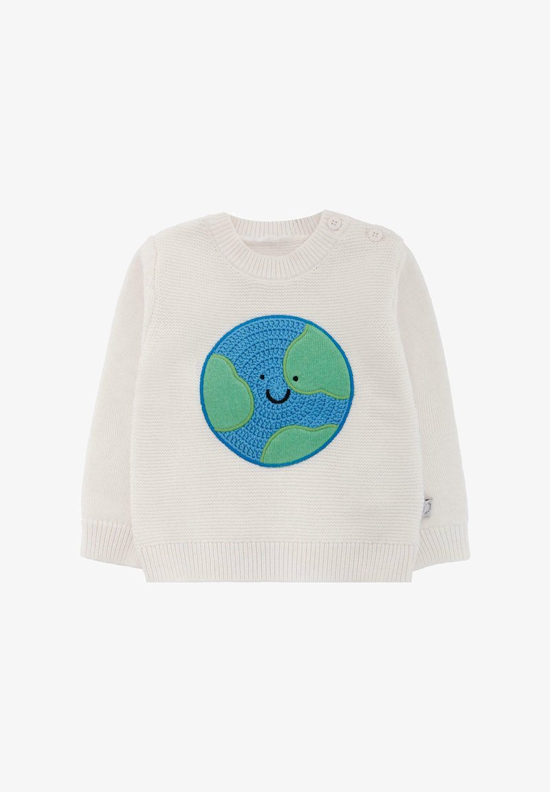 Pull en tricot blanc avec une appliqué en forme de Terre bleue et verte avec un visage souriant, deux boutons de fermeture sur l'épaule.