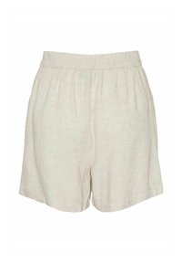 Short en lin beige ample avec ceinture élastique et poches latérales, affiché sur fond blanc.