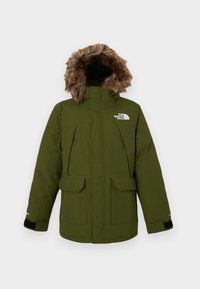 Parka verde isolada com capuz forrado de pelo sintético, múltiplos bolsos com fecho e aba, e punhos elásticos. Possui o logo da The North Face no peito.