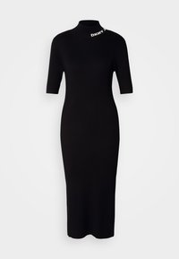 Abito nero a coste con maniche corte, colletto alto e dettaglio del logo DKNY sul colletto. Vestibilità bodycon, silhouette di lunghezza media.