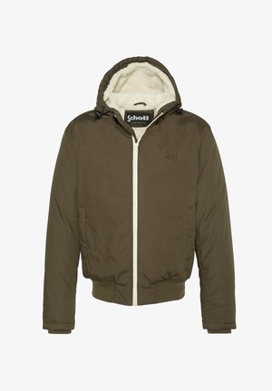 Olivenfarvet hættejakke med hvid lynlås, fleeceforet hætte, broderet Schott-logo på brystet samt elastiske manchetter og talje.