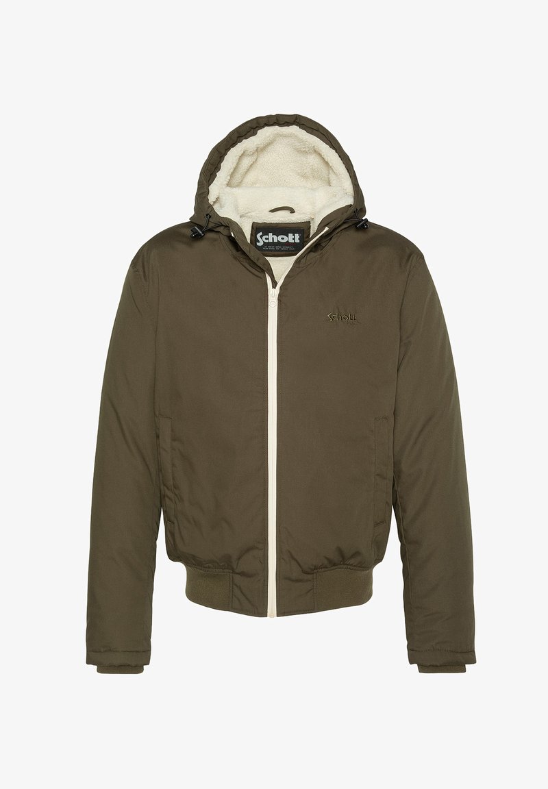Giacca con cappuccio verde oliva con zip bianca, cappuccio foderato in pile, logo Schott ricamato sul petto e polsini e vita elasticizzati.