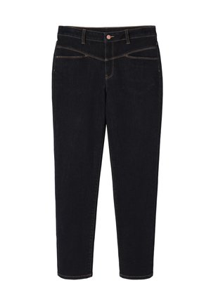 Donkerblauwe spijkerbroek met een slim fit silhouet, voorzien van vijf zakken, contrasterende stiksels, een knoopsluiting en afgeknipte hems.