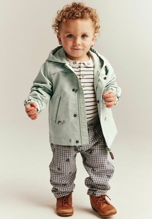 Peuter met krullend haar, gekleed in een lichtgroene jas, gestreept shirt, geruite broek en bruine schoenen, staand tegen een effen achtergrond.