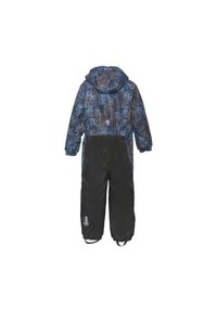 Blå og svart vinteroverall med et teksturert mønster, hette og elastiske mansjetter. Har en logo og enkle hvite detaljer på beina.
